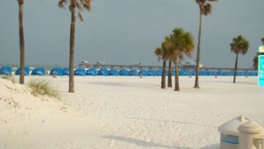 Une plage bordée de palmiers, avec une jetée en arrière-plan.