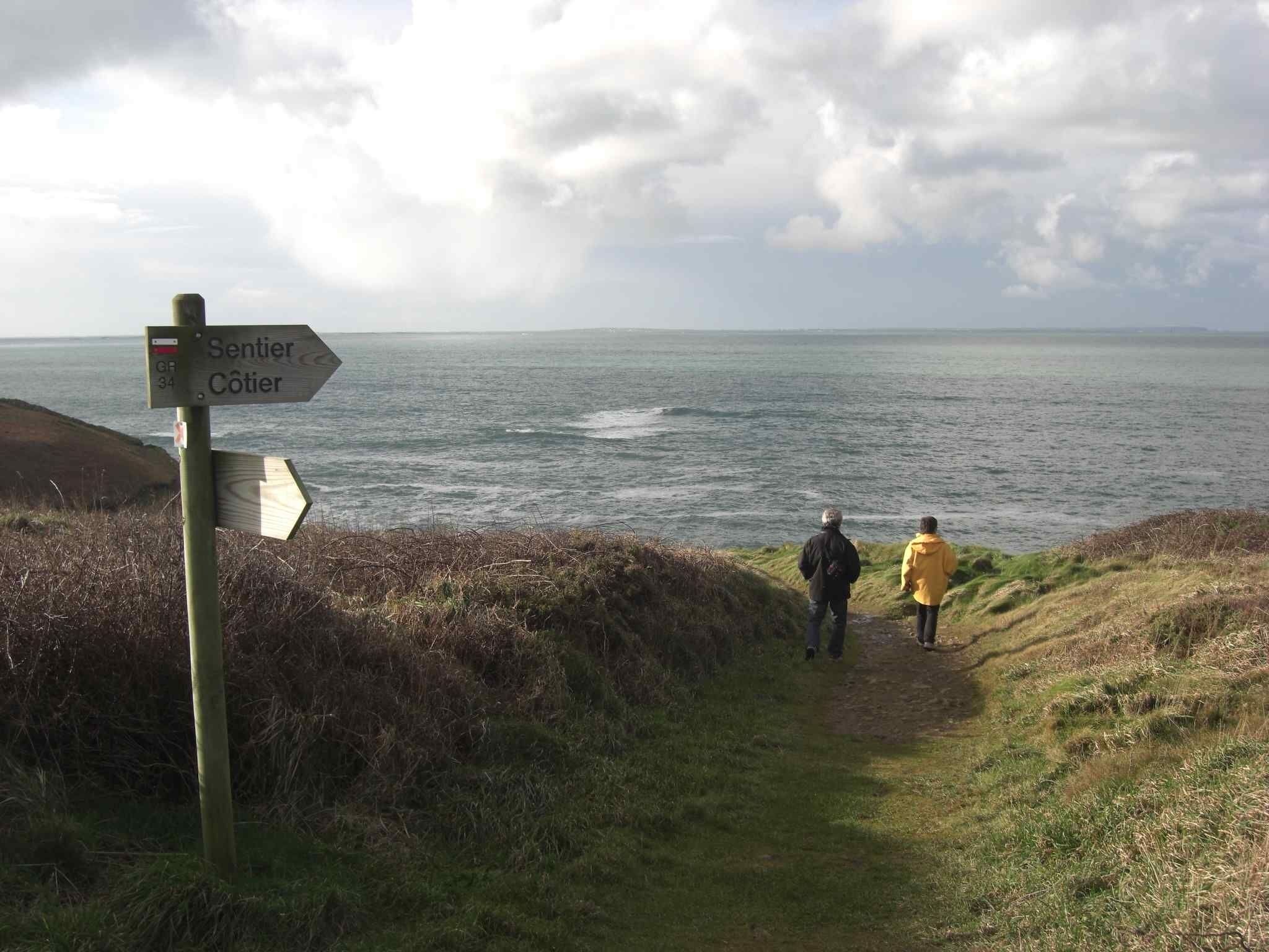 A coastal path with a directional signpost and two people walking.