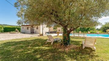 Une villa avec une piscine, deux chaises longues et un arbre dans le jardin.