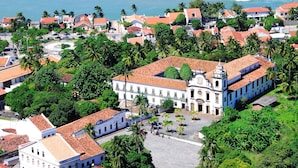 A coastal town with historic buildings, palm trees, and a beach. - Flat boa viagem recife /PE (recife)