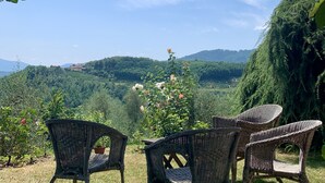 A garden with wicker chairs and a view of a hilly landscape. - chaming little house with pool facing the most  beautiful tuscan scenary  (Lucca)