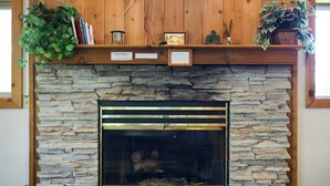 Una chimenea de piedra con puerta de vidrio, rodeada por una repisa de madera con libros y una planta.