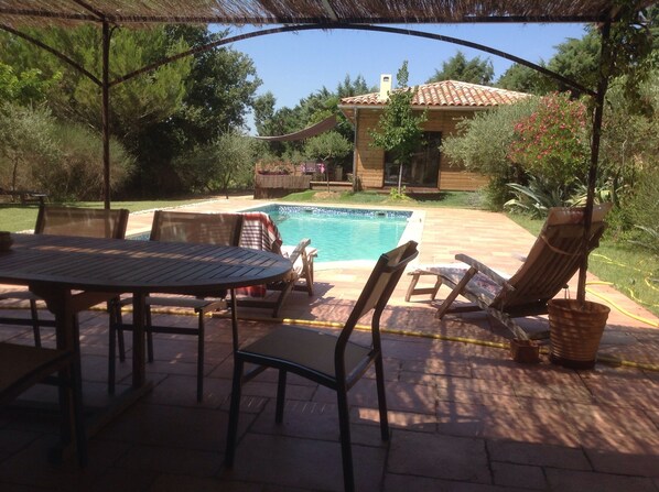 A patio area with a pool, outdoor furniture, and a covered seating area.