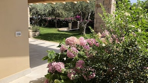 A covered patio area with a stone wall, a well-maintained lawn, and flowering plants.