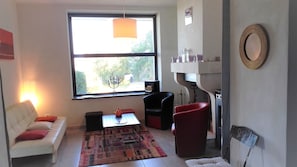 Fernseher, Kamin, DVD-Player, Bücher