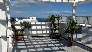 A rooftop terrace with a pergola, potted plants, and seating areas.