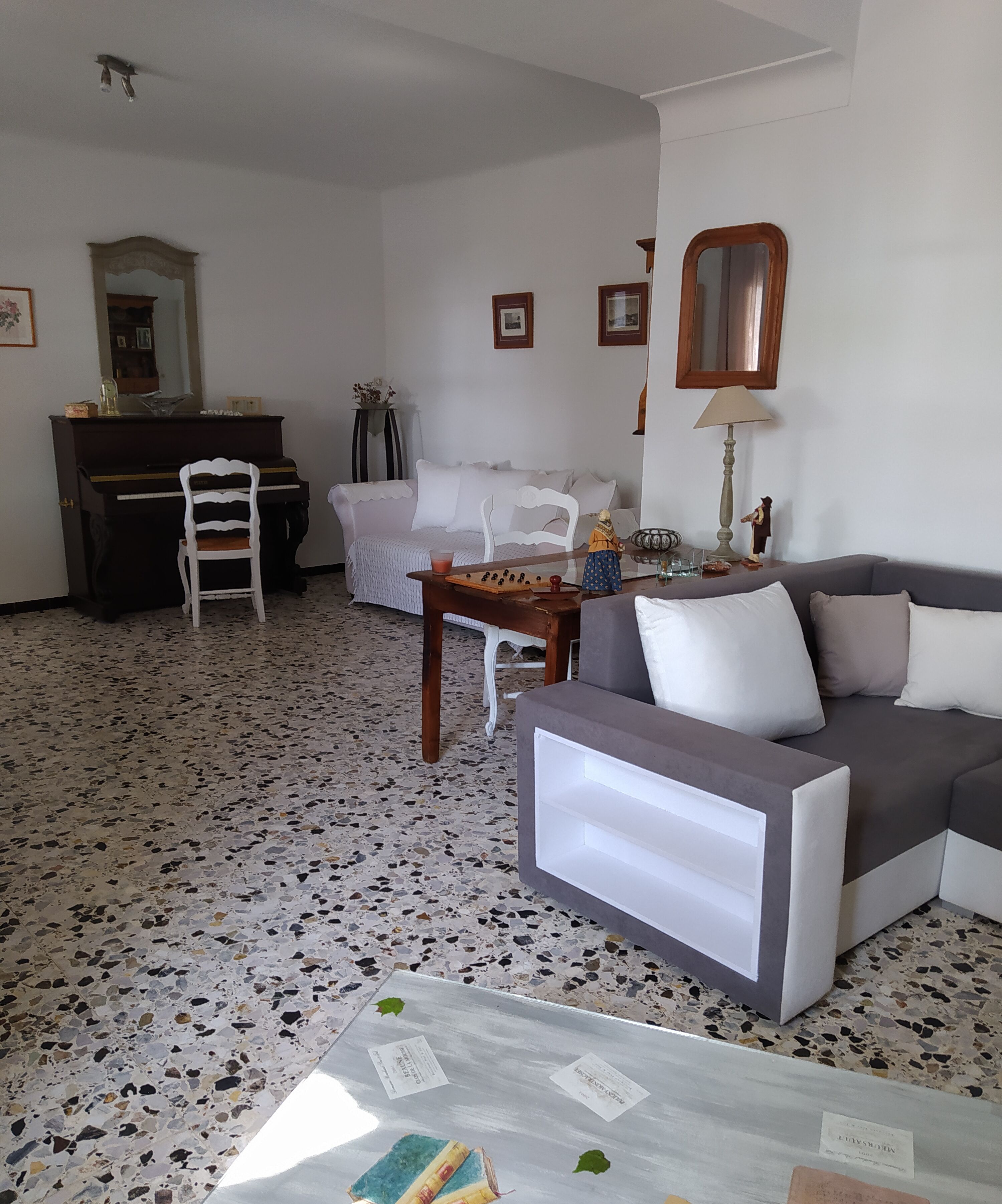 Télévision, lecteur de DVD, baby-foot, livres