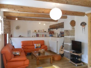 Télévision, cheminée, lecteur de DVD, table de tennis de table