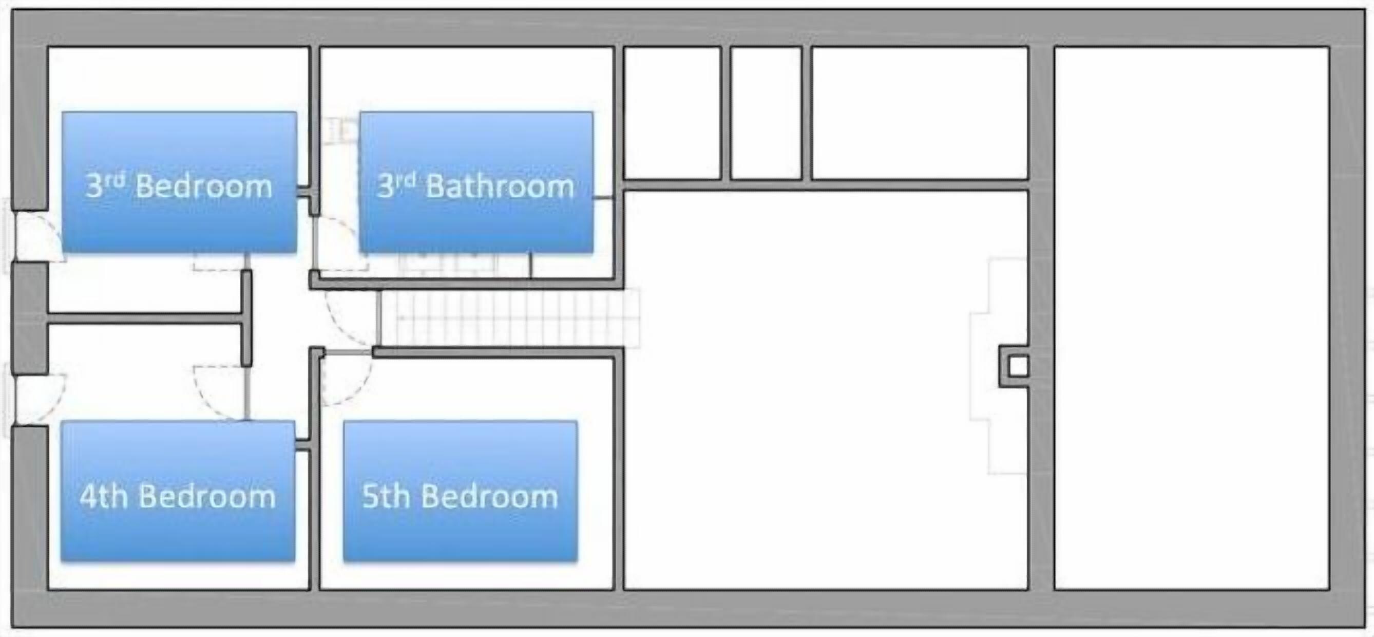 A floor plan with 3rd and 4th bedrooms, 3rd and 5th bathrooms, and a large open area.