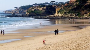 A beach with people walking and playing, a rocky cliff in the background, and calm waves.