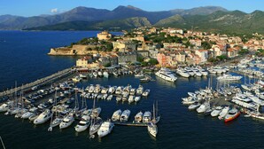 A marina with numerous boats docked, a coastal town with historic buildings, and mountains in the background.