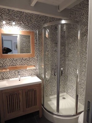 Shower, hair dryer, soap, toilet paper