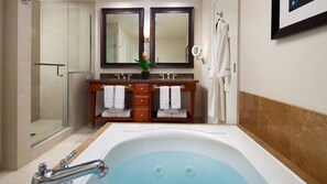 Shower, jetted bath, hair dryer, towels