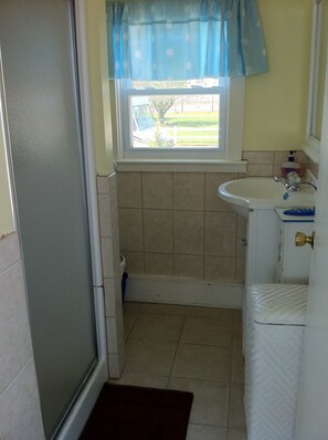 Un baño pequeño con ducha, lavamanos y ventana.