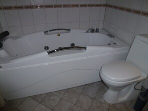 Shower, jetted bath, soap, toilet paper