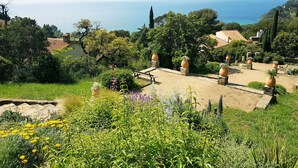 Ein Garten mit Kübelpflanzen, einer hölzernen Bank und Blick auf das Meer.