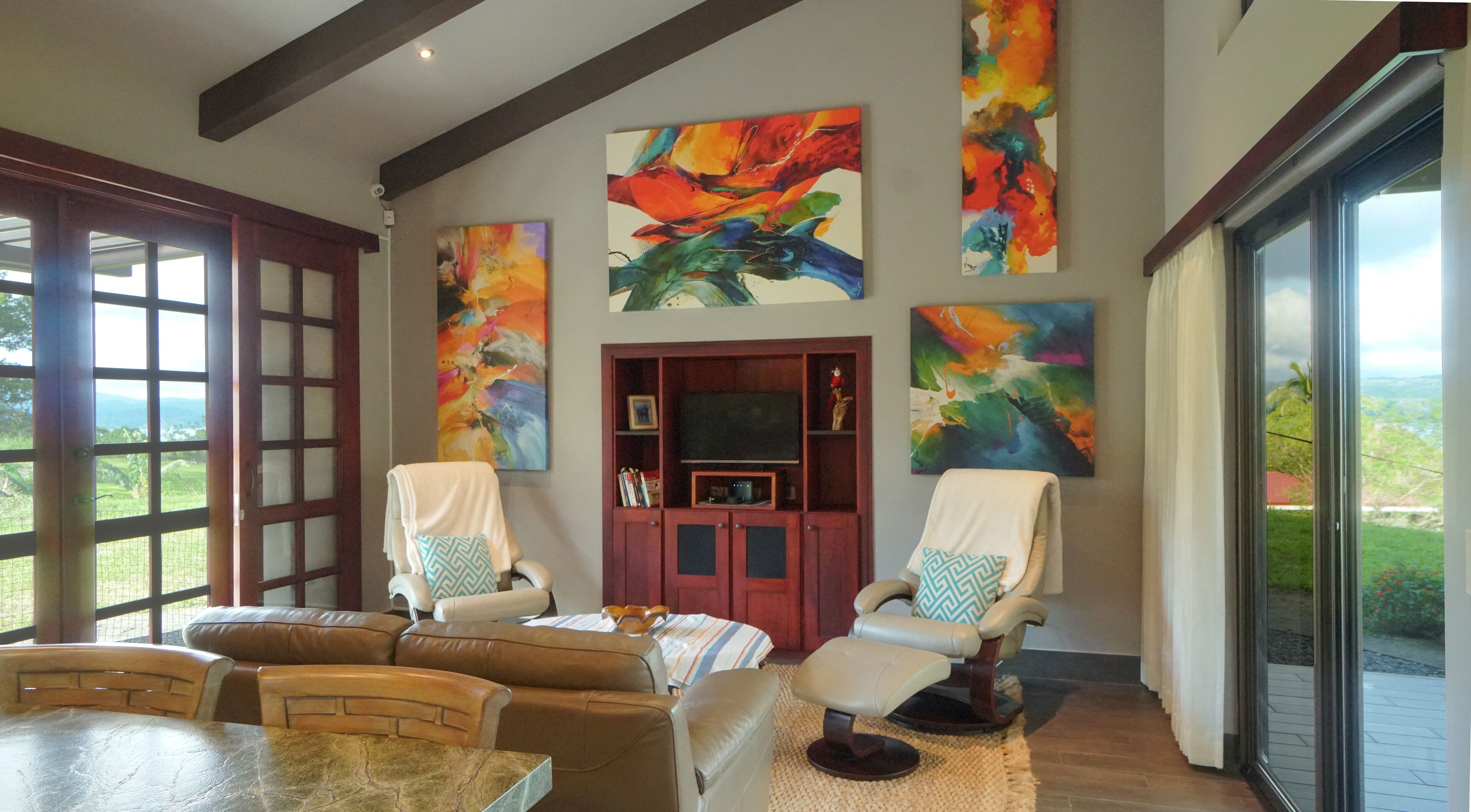 Comfortable leather recliners and sofa.