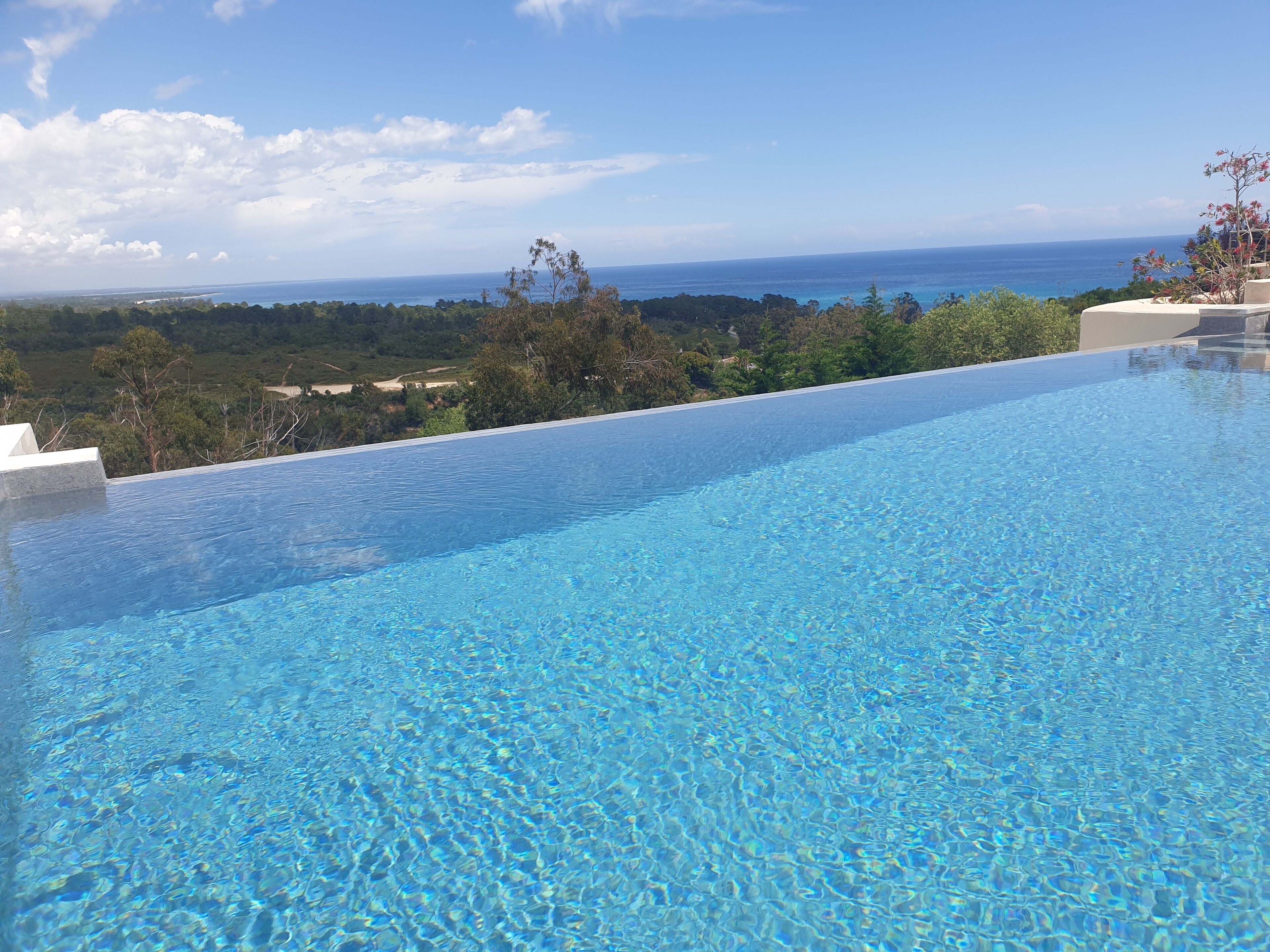 Uma piscina infinita com água azul cristalina, com vista para o oceano e vegetaç ão exuberante.