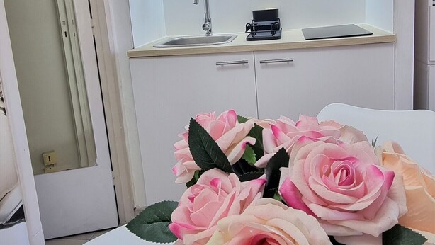Eine Küche mit weißen Schränken, einem Spülbecken und einer Arbeitsplatte. Auf der Arbeitsplatte steht eine Vase mit rosa Rosen.