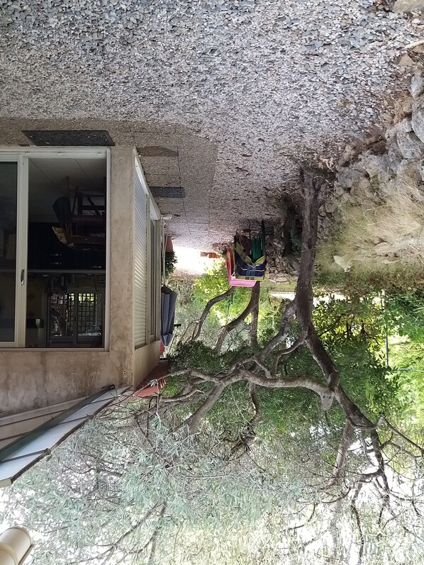 A room with a concrete ceiling, a window with a view of greenery, and a door leading to another room. - Apartment/ flat - Bandol (Bandol)
