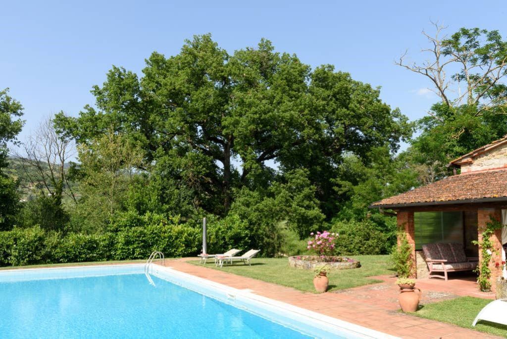 Ein Swimmingpool mit Liegestühlen, umgeben von üppiger Bepflanzung und einem Gebäude mit Backsteinfassade und einem Ziegeldach.