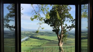 Blick durch ein Fenster auf eine landschaftliche Gegend mit Bäumen, einem Fluss und Feldern.