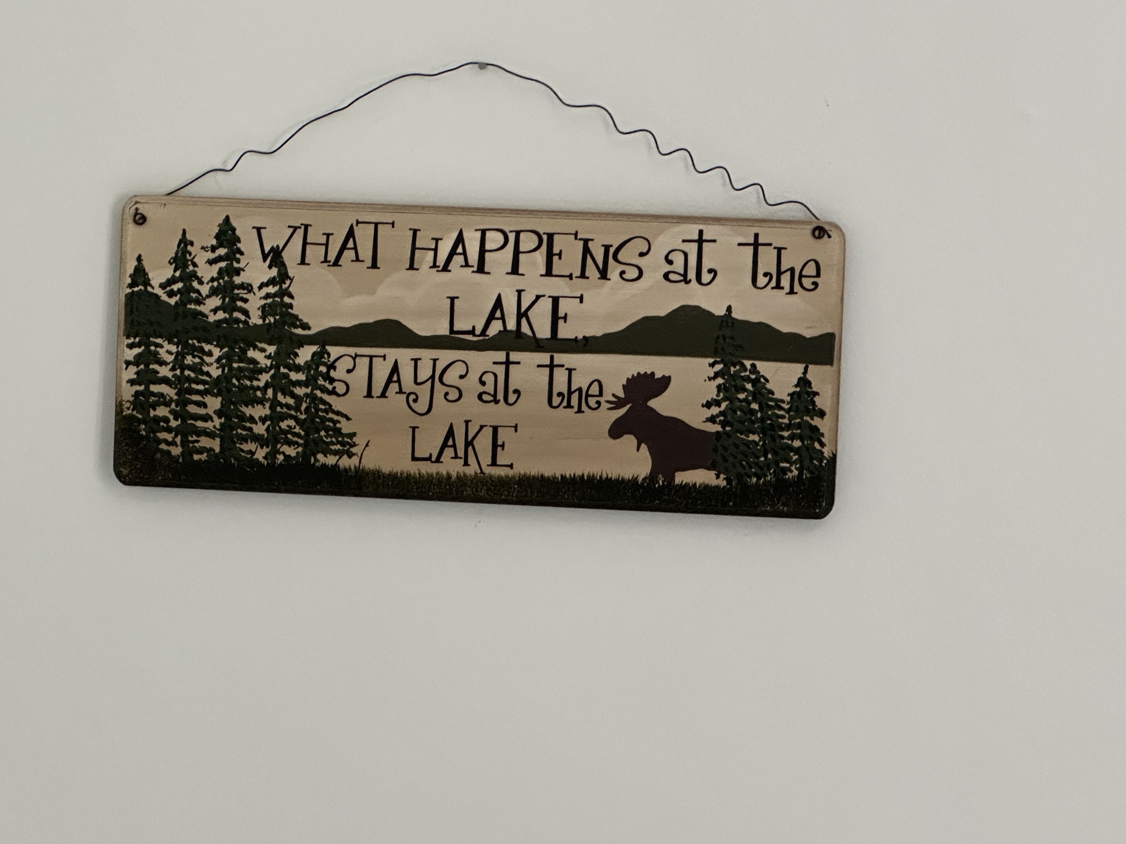A sign with a mountain and lake scene, featuring a moose silhouette and text about what happens at the lake.