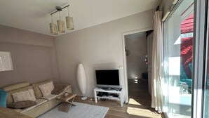 A living room with a sofa, TV, and a large window. - ANGLET T2 Classified - Beaches and Forest, Comfortable, Terrace 25m2, Baby equipment (Anglet)