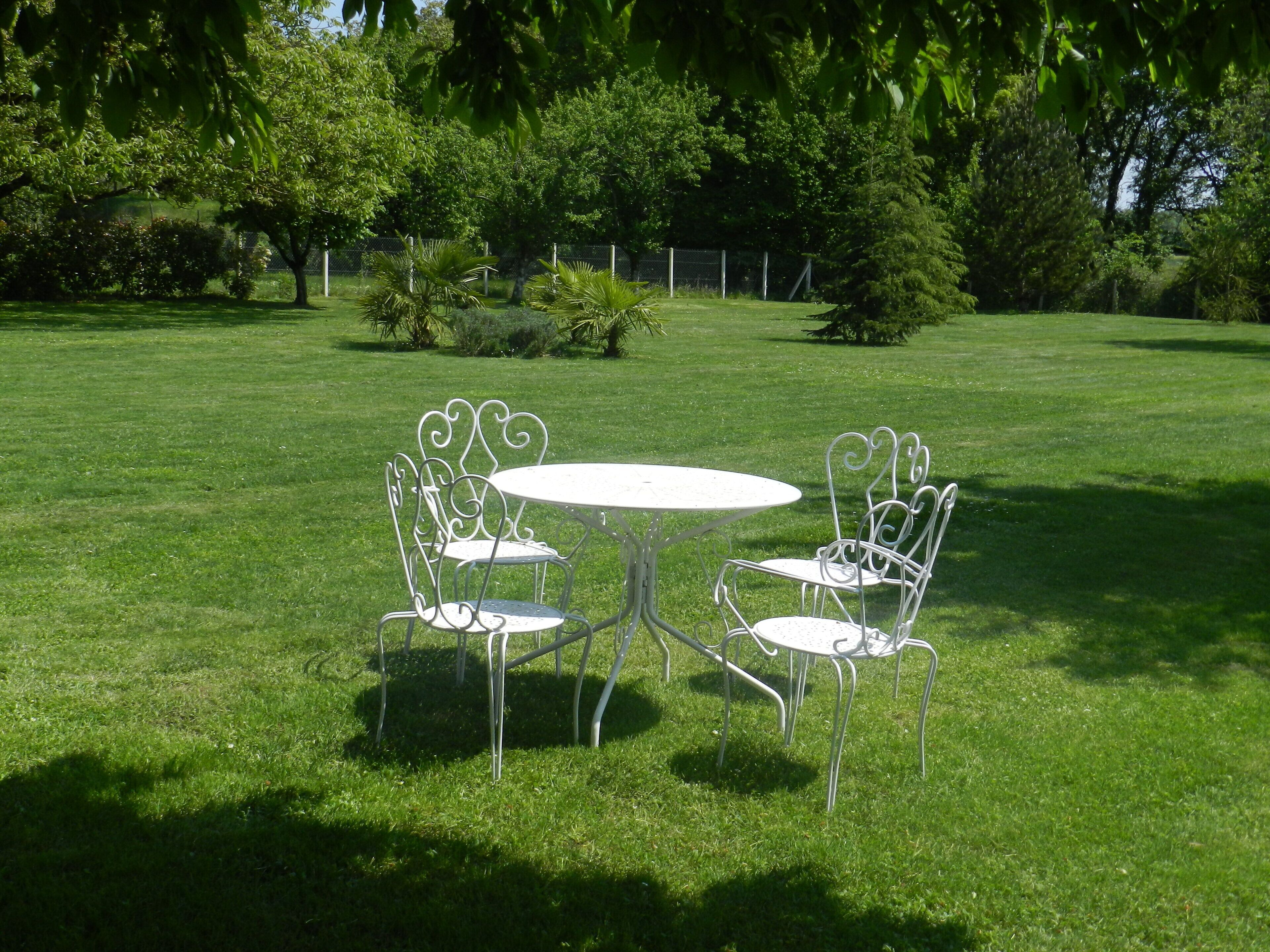 Une table ronde en métal, entourée de quatre chaises, se trouve dans un espace extérieur verdoyant.