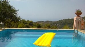 A clear blue pool with a yellow float, surrounded by greenery and a view of the landscape.