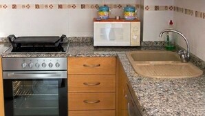 A compact kitchen with a stove, oven, microwave, and a sink.