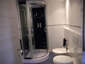 Shower, hair dryer, towels, toilet paper