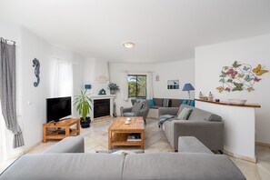 Televisión, chimenea, reproductor de DVD y futbolito 