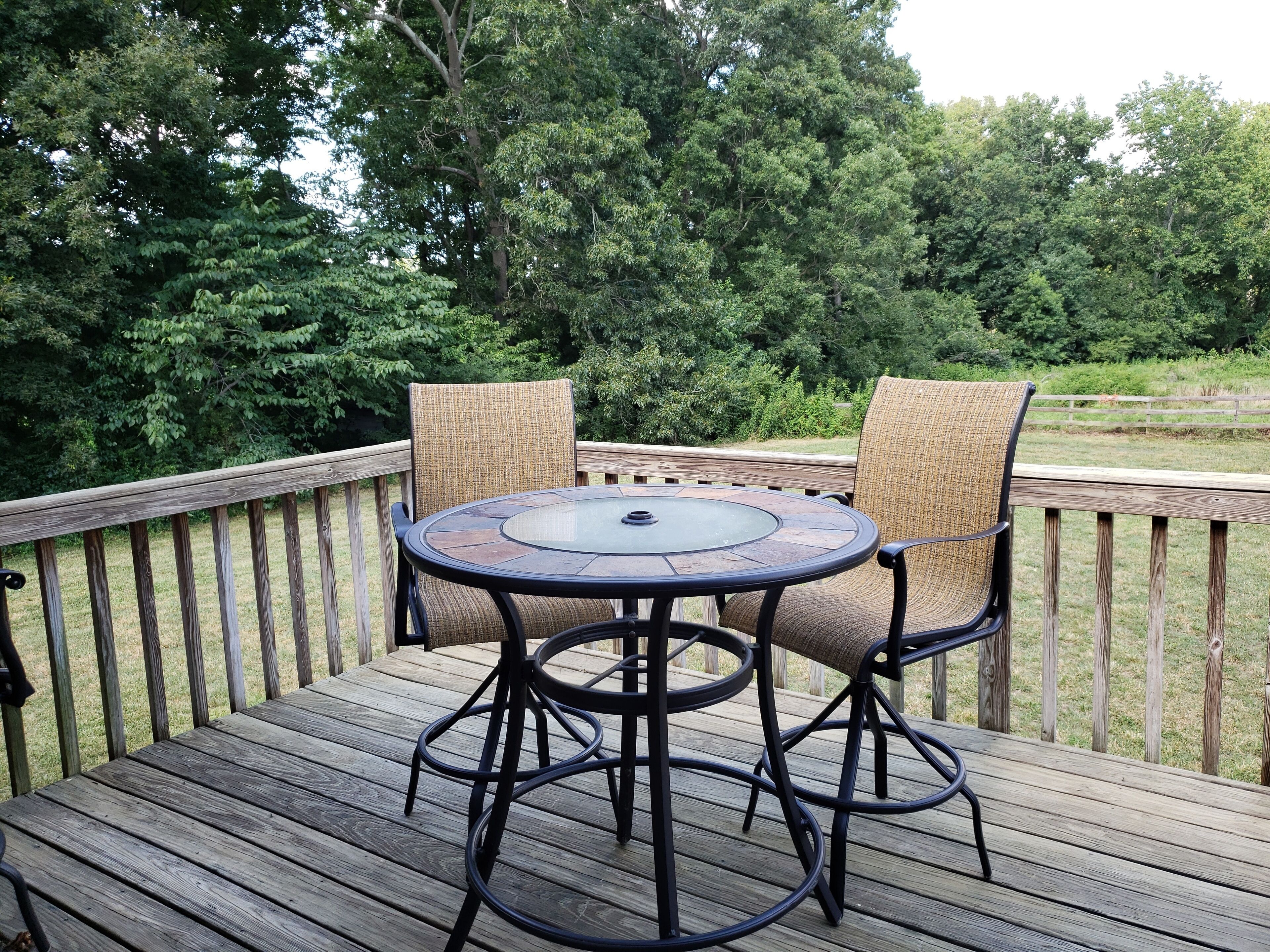 Dining on the deck-- 4 seats overlook the pasture.