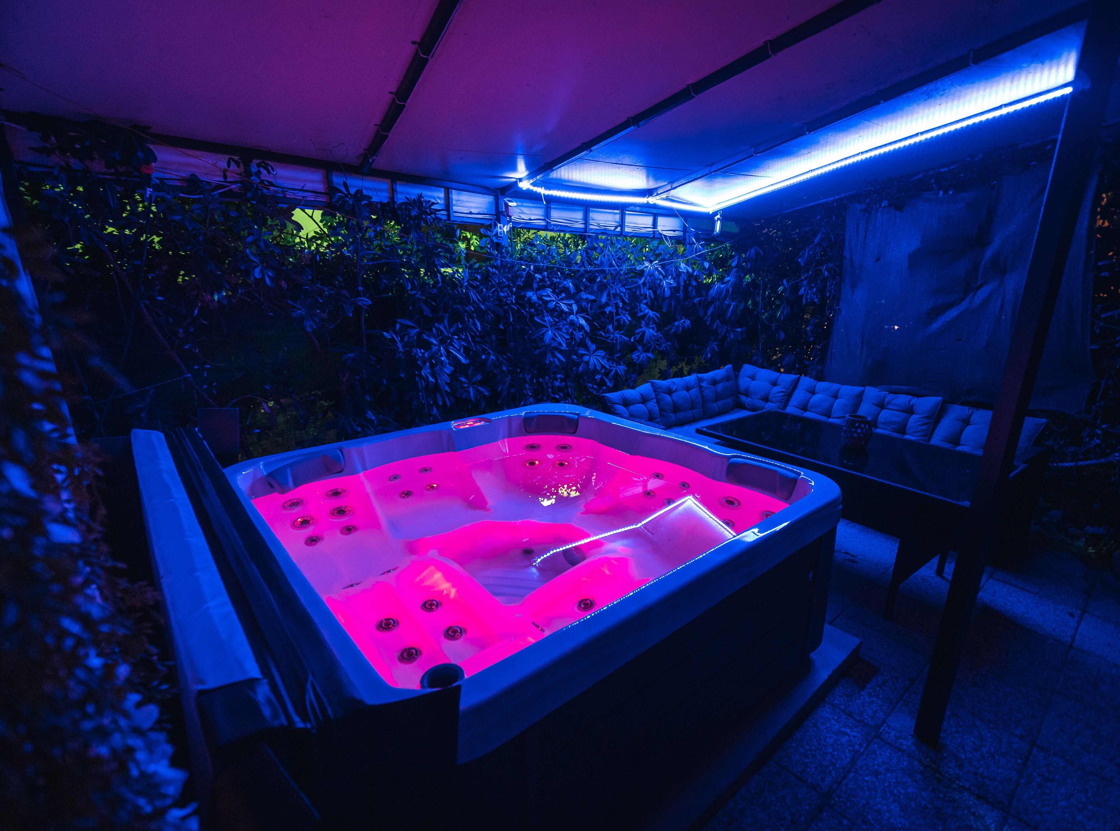 Ein Whirlpool mit rosa Innenraum, umgeben von einer Sitzgruppe und einer Bepflanzung, die blau beleuchtet ist.