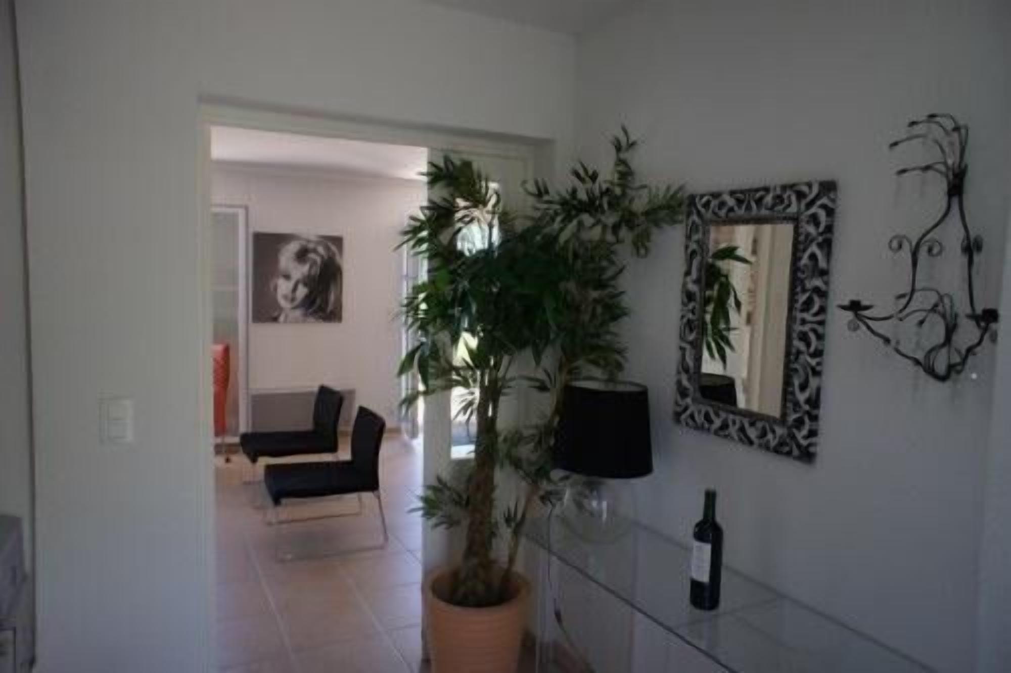 A hallway with a potted plant, a sofa, a mirror, and a wine bottle.