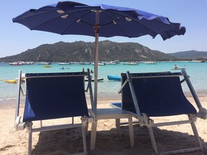 On the beach, sun-loungers