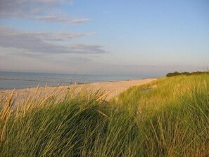 Une plage avec des dunes de sable et un ciel dégagé.