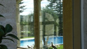 Vista a través de una ventana que muestra una piscina, un comedero de pájaros y un pájaro.