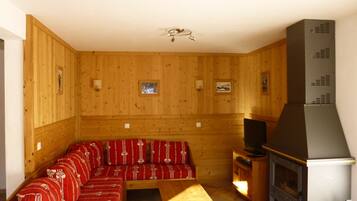 Una televisión, una chimenea, un reproductor de DVD, libros