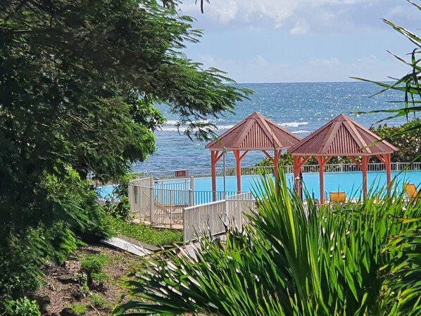 A beachside view with two wooden gazebos, a swimming pool, and a clear view of the ocean.