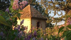 En lille bygning med tegltag, omgivet af frodigt grønt og lilla blomster.