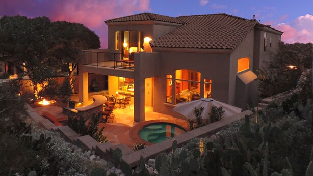 A two-story house with a balcony, a swimming pool, and a patio area. - Gated La Paloma Home, Private Lot with City & Mountain views (Tucson)