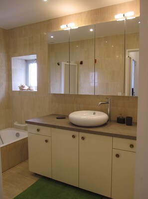 Bathtub, hair dryer, soap, shampoo