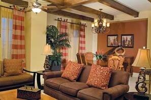 TV, DVD player, video library, stereo