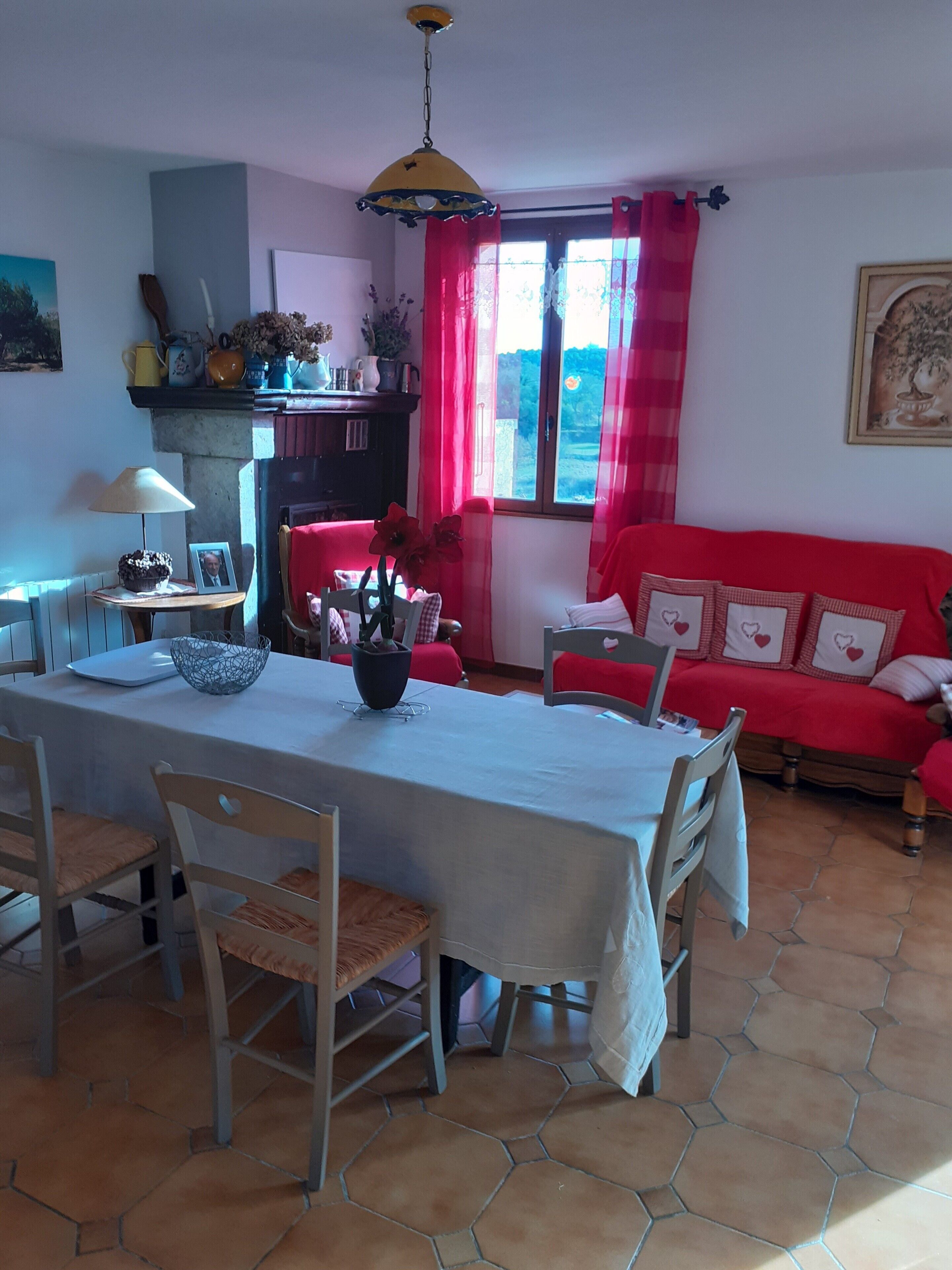 A dining area with a table, chairs, a lamp, and a red sofa.