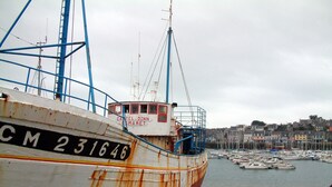 Ein großes, verrostetes Fischerboot mit der Nummer CM231646 und dem Namen "Castel-Dinn" liegt in einem Hafen, im Hintergrund sind weitere Boote und Gebäude zu sehen.
