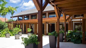 A covered outdoor area with wooden beams, potted plants, and a building with large windows.