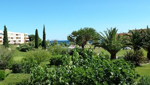 Blick auf einen gepflegten Garten mit verschiedenen Pflanzen und Bäumen, einem klaren Himmel und Gebäuden im Hintergrund.