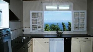 A kitchen with a view of the sea, a dishwasher, and a stove. - Paradyse-conditioned luxury villa, Saint-luce Martinique Pool (Sainte Luce)
